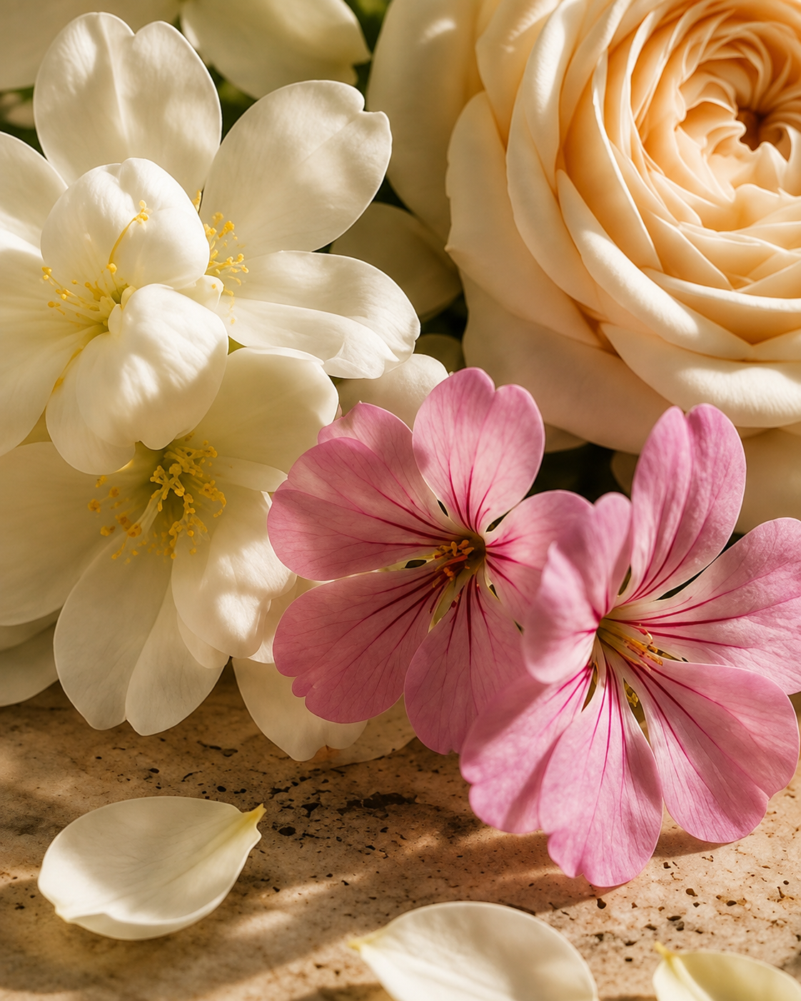 Cream roses and pale blossoms