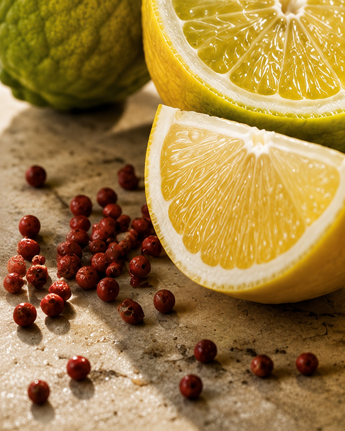 Sliced lemons with scattered red berries