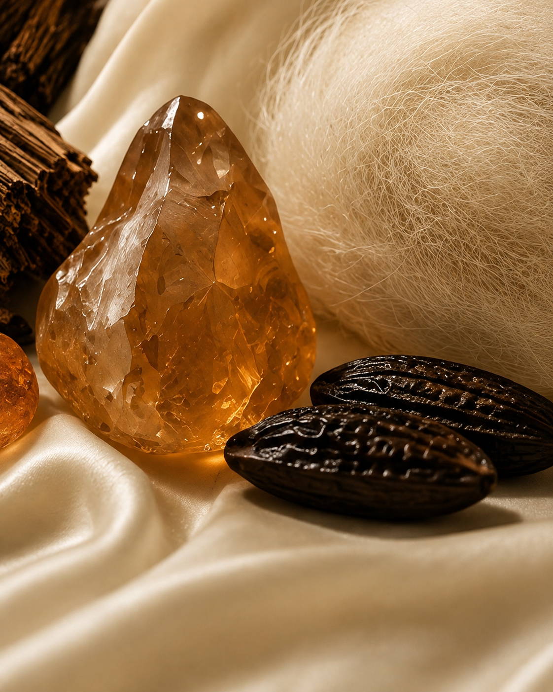Amber crystal and black carved stones on silk