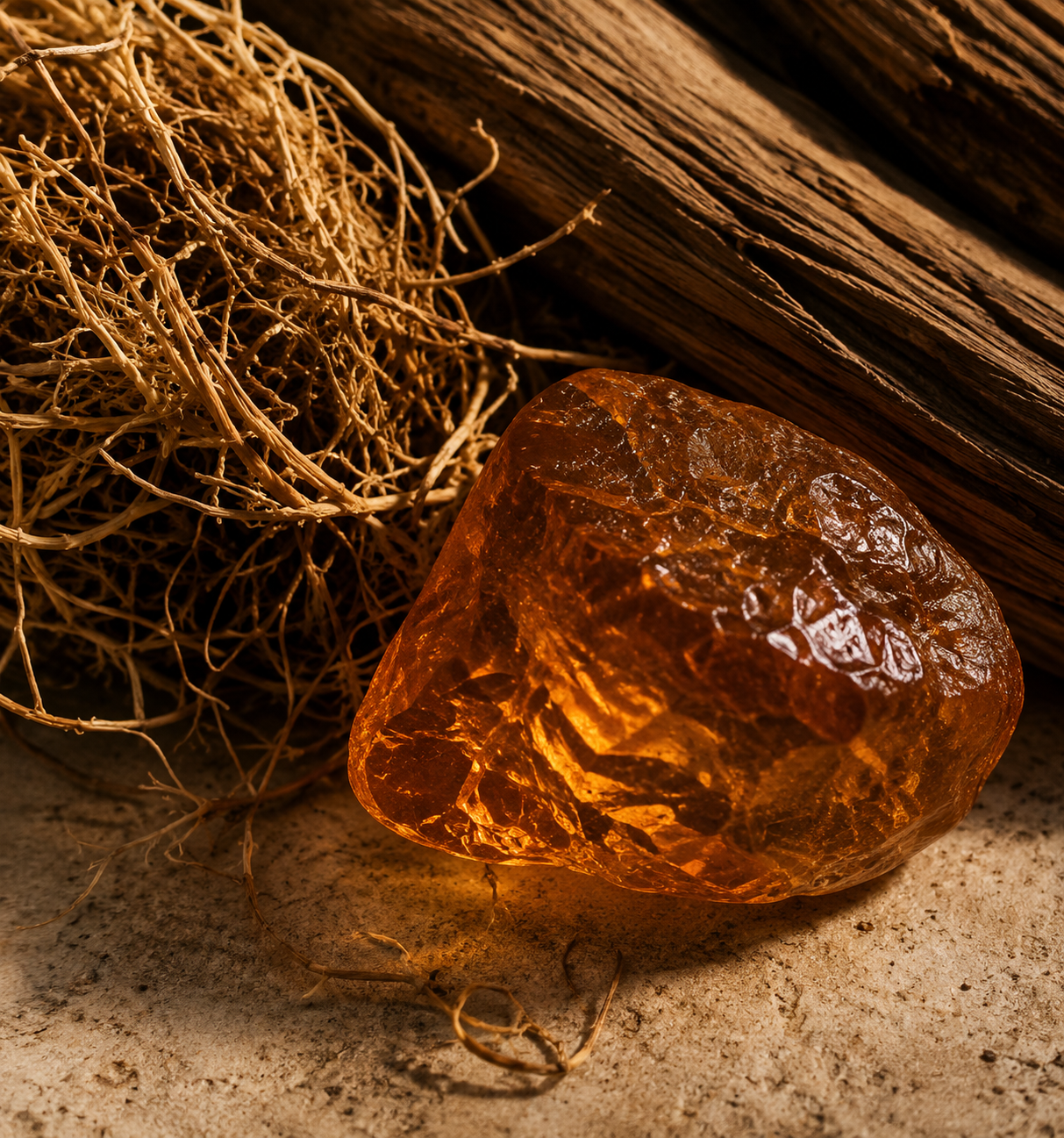 Amber stone beside tangled fibers
